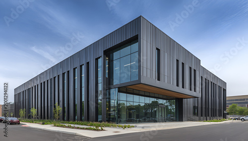 Modern Office Building with Sleek Design and Glass Facade.