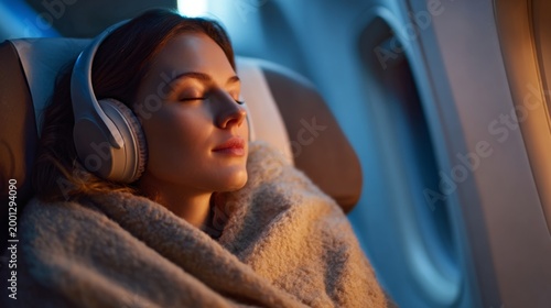Relaxed woman enjoying music with headphones on an airplane, wrapped in a cozy blanket during flight at twilight with warm lighting and peaceful atmosphere