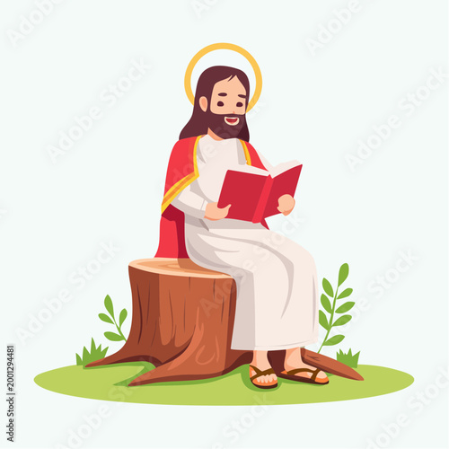 Jesus Sitting on Tree Stump Reading a Book