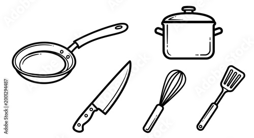 Outline drawings of cooking tools pan pot knife whisk and spatula isolated