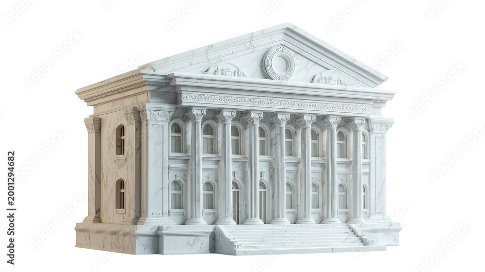 Fototapeta premium Marble bank building model with columns and triangular pediment on white background 3d rendered
