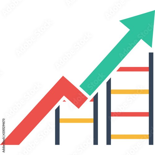 A colorful graphic illustration of an upward green arrow and a downward red arrow intersecting with a ladder.