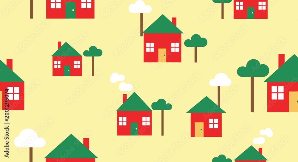 Fototapeta premium Seamless vector pattern featuring small red houses with green roofs, trees, and white clouds on a light yellow background.
