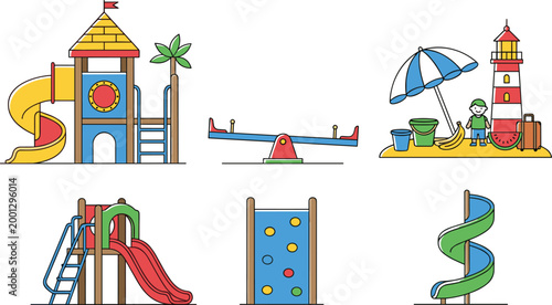 Playground and beach activity vector set featuring slides, climbing wall, seesaw and sandbox with umbrella in colorful cartoon illustration style