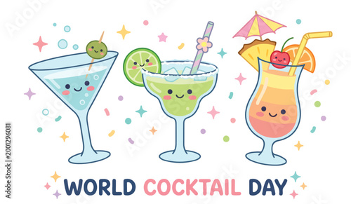 Three cartoon cocktails with smiling faces world cocktail day