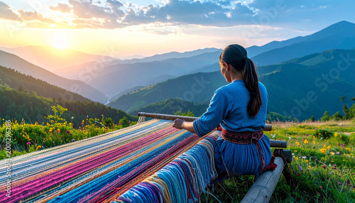 Woman Weaving Giant Traditional Carpet on Mountain Landscape Background