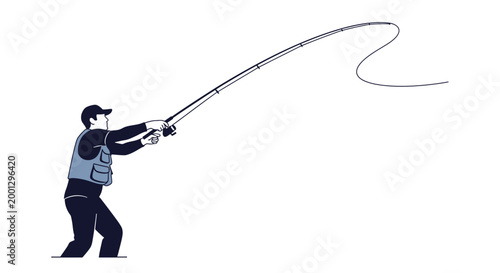 Fisherman casting a fishing rod in action against white background