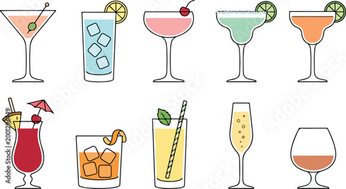 Variety of colorful cocktail drinks, world cocktail day