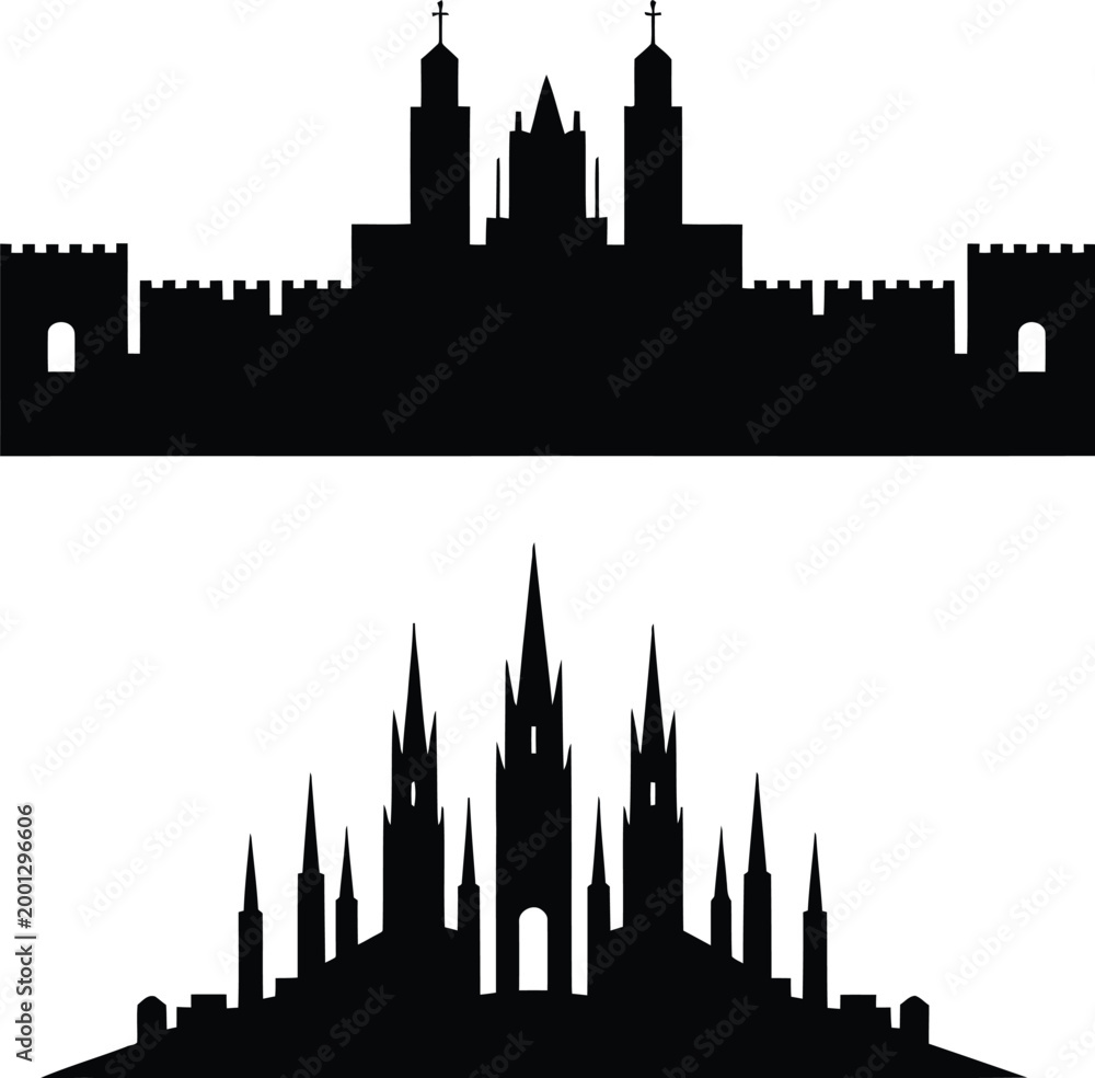 Fototapeta premium Gothic with, set of 2, architecture, castle, and skyline for medieval and battlements icon