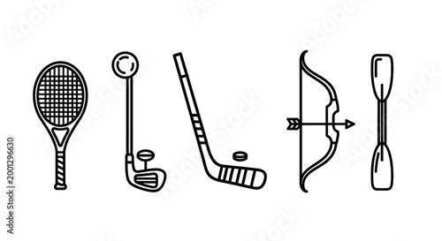Sports equipment icons tennis racket golf club hockey stick bow paddle vector