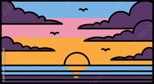 Sunset over ocean vector illustration with birds and colorful sky