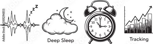 Sound waves deep sleep moon and stars alarm clock and tracking graph.