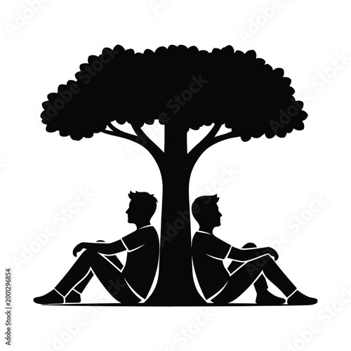Two male friends sitting back to back under leafy tree silhouette resting in park area.