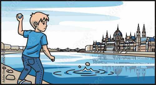 Boy skips stone across water with impressive building reflections in background