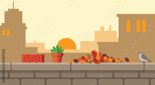 A bird rests on a brick wall beside a pile of autumn leaves, a potted plant, and a brick block against a sunset city skyline silhouette.