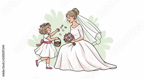 Bride smiles as a flower girl scatters petals near her at a wedding ceremony