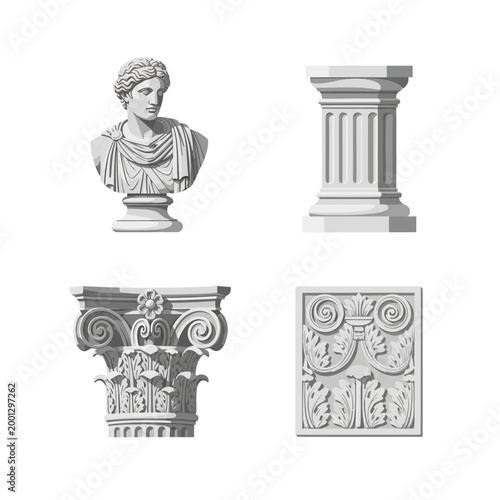 Collection of classical Greek and Roman architectural elements and sculptures.