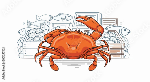 Bright orange crab with a seafood display in the background