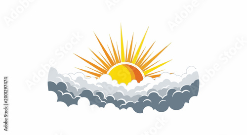 Bright sun emerges from behind a layer of fluffy gray clouds, sending out radiant rays of orange and yellow light