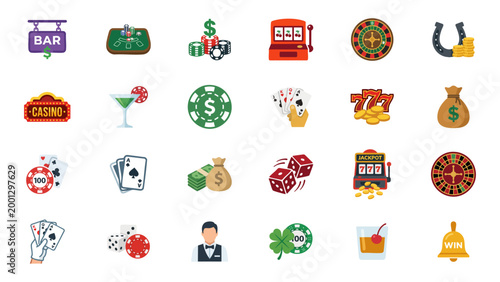 Casino Gambling Icon Set with Poker Roulette Slots and Dice