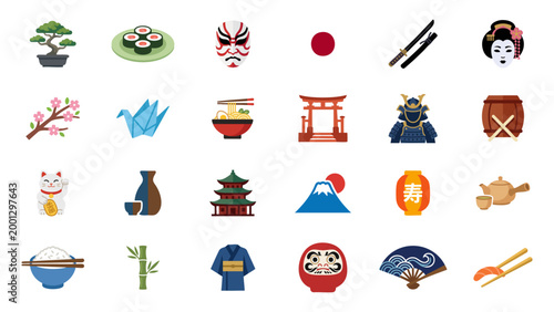 Japanese Culture Icon Set with Sushi Kimono Torii and Mount Fuji