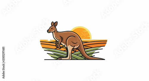 Brown kangaroo stands in a field with an orange sun rising behind it
