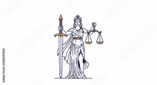 Blindfolded figure holding scales and sword, symbolizing justice