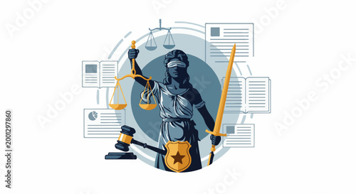 Blindfolded justice figure with scales, sword, gavel, and legal documents