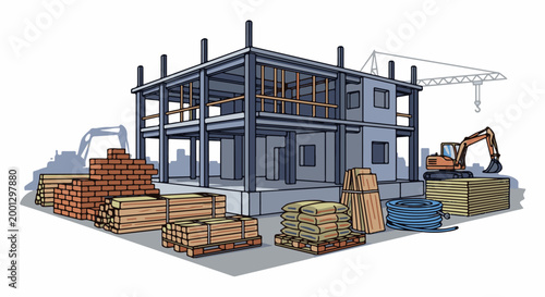 Building under construction with materials and machinery
