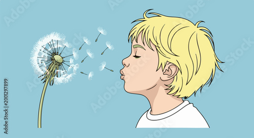 Blond child blowing on a dandelion