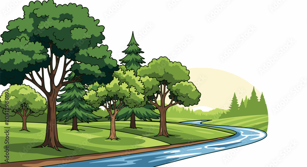 Obraz premium A winding river flows through a lush green landscape with various trees under a pale sky