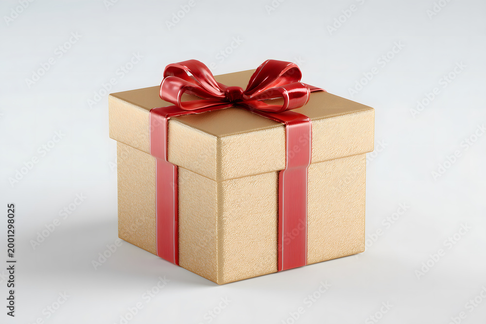 Fototapeta premium A vibrant gift box wrapped in red ribbon and a decorative bow sits isolated as a festive surprise for a celebration