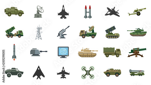 Military Defense Icon Set with Tank Missile Aircraft Radar and Weapon Systems