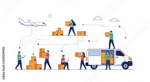 Integrated logistics network shows workers moving cargo from a plane to delivery vans to represent efficient global shipping services.