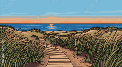 A wooden boardwalk winds through grassy dunes towards a tranquil ocean sunset