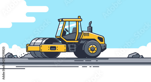 Road roller compacting ground under blue sky illustration