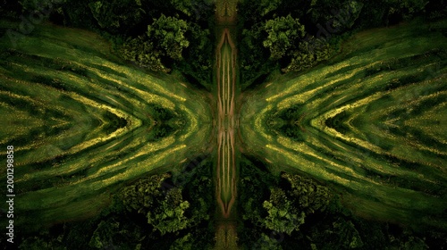 naturally occurring symmetrical patterns within vegetation and land as the main subject + expansive field environment with mirrored growth + soft morning light enhancing subtle symmetry + aerial top v