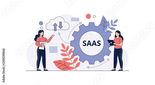 Two professional women manage cloud-based software solutions represented by a large gear and the SAAS abbreviation for business efficiency.