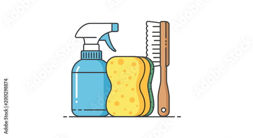 A collection of essential household cleaning tools including a blue spray bottle, a textured yellow sponge, and a wooden scrub brush arranged neatly on a plain surface.