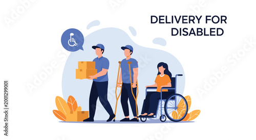 Delivery service for people with physical disabilities featuring couriers carrying boxes to person in wheelchair and man on crutches.