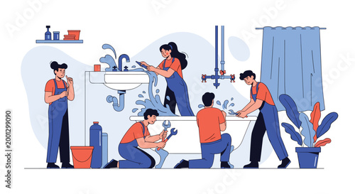 Professional plumbers working together to fix a major water leak in a bathroom with a broken sink, bathtub, and pipes.