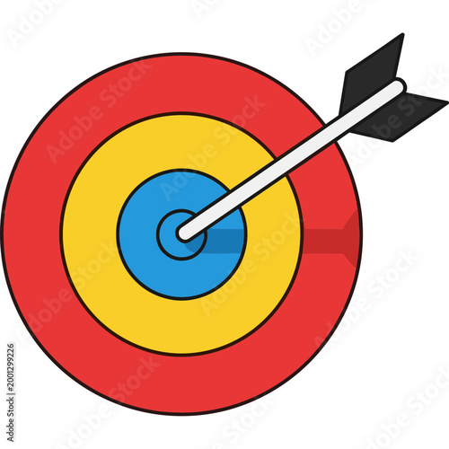 An arrow hits the center of a colorful target board accurately.