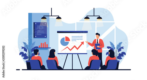 Professional business presenter showing data charts and growth graphs on a whiteboard to a group of colleagues in an office.