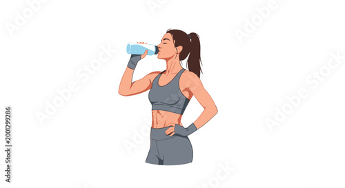 Fit woman wearing grey athletic gym clothes drinks from a clear water bottle while posing with one hand on her hip against a white background.