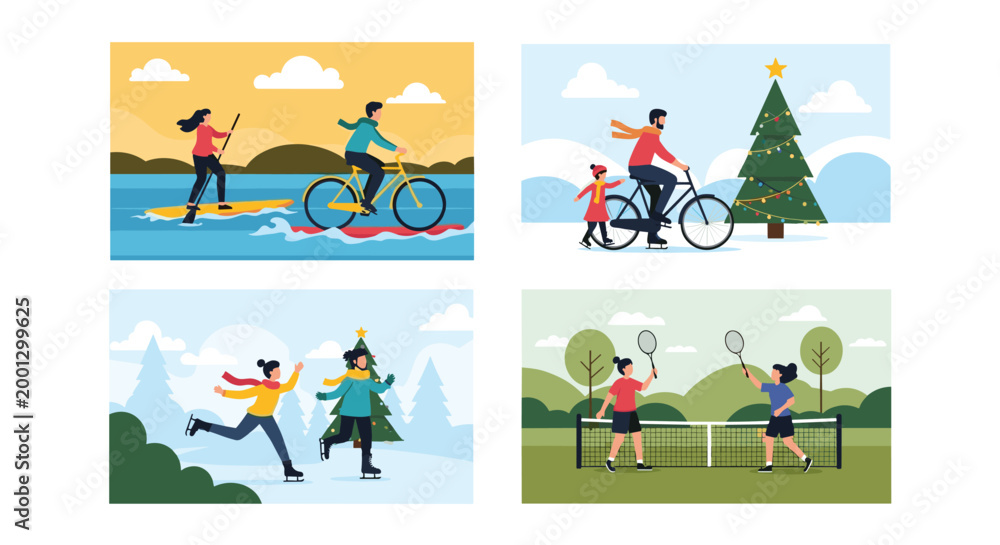 Fototapeta premium Set of four illustrations showing people enjoying various seasonal outdoor activities like cycling, skating, tennis, and paddleboarding.