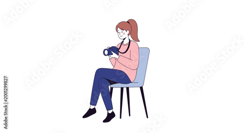 Young woman with a ponytail sitting on a chair and smiling while holding a professional DSLR camera with a strap.
