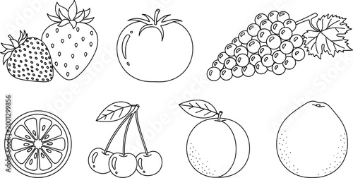 Fruit line icons set strawberry tomato grapes citrus cherries vector minimal outline collection fresh design