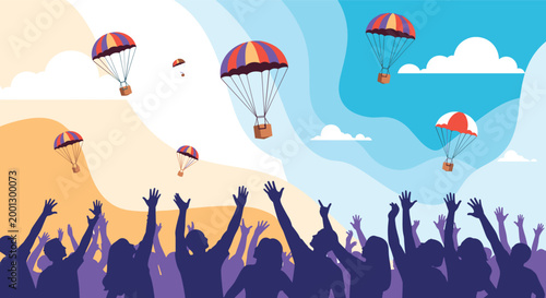 Crowd of people raising their hands to catch humanitarian aid packages falling from the sky on colorful parachutes.