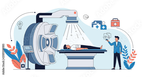 Patient undergoes a medical scan in a futuristic diagnostic facility while a professional doctor monitors the procedure and results.