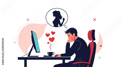 Young man sits at his computer desk daydreaming about a woman while hearts float above his coffee cup in a concept of online love.